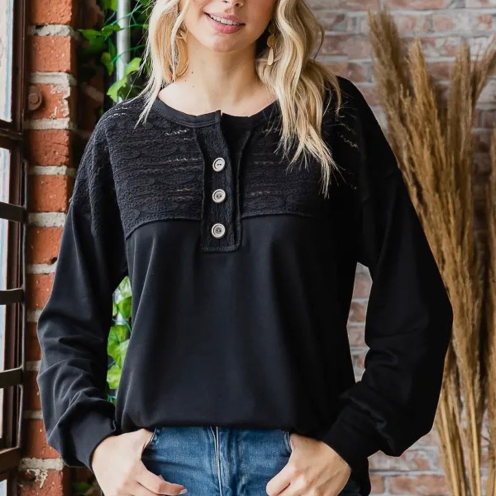 7th Ray Black Textured Button Henley Sweatshirt